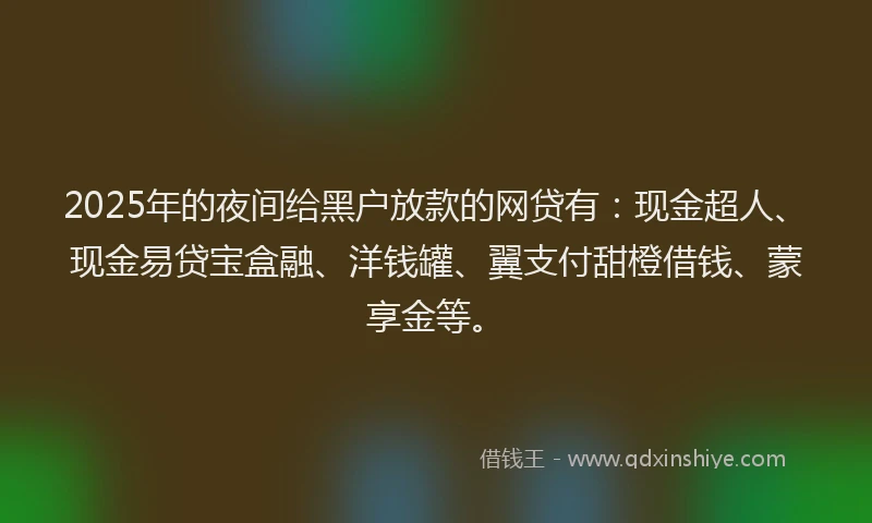 2025年的夜间给黑户放款的网贷有：现金超人、现金易贷宝盒融、洋钱罐、翼支付甜橙借钱、蒙享金等。