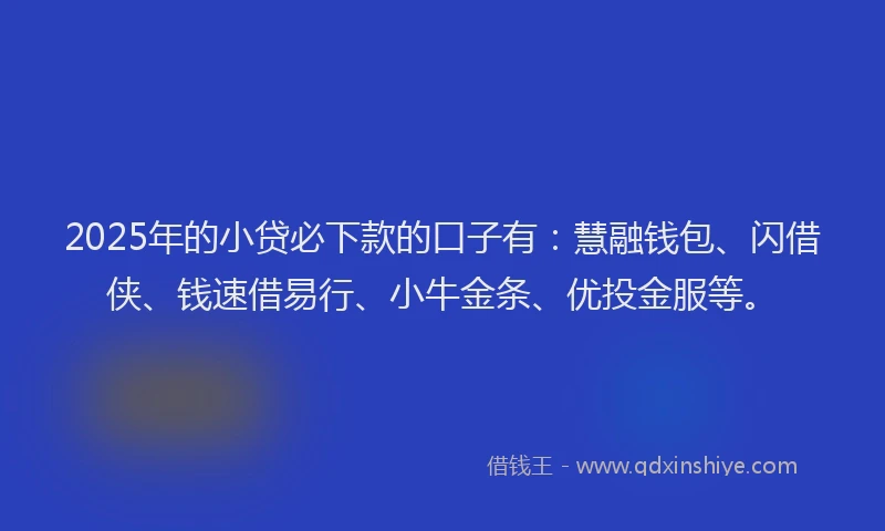 2025年的小贷必下款的口子有：慧融钱包、闪借侠、钱速借易行、小牛金条、优投金服等。