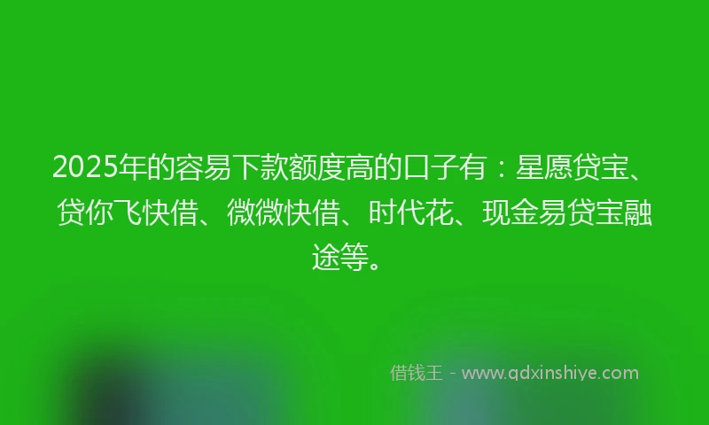 2025年的容易下款额度高的口子有：星愿贷宝、贷你飞快借、微微快借、时代花、现金易贷宝融途等。