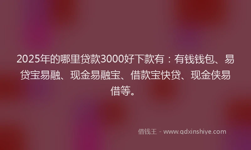 2025年的哪里贷款3000好下款有：有钱钱包、易贷宝易融、现金易融宝、借款宝快贷、现金侠易借等。