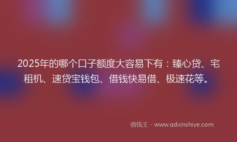2025年的哪个口子额度大容易下有：臻心贷、宅租机、速贷宝钱包、借钱快易借、极速花等。