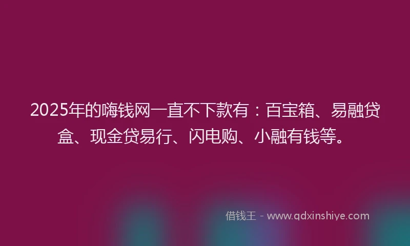 2025年的嗨钱网一直不下款有：百宝箱、易融贷盒、现金贷易行、闪电购、小融有钱等。