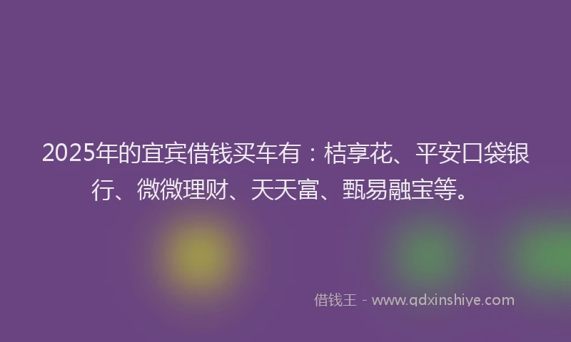 2025年的宜宾借钱买车有：桔享花、平安口袋银行、微微理财、天天富、甄易融宝等。