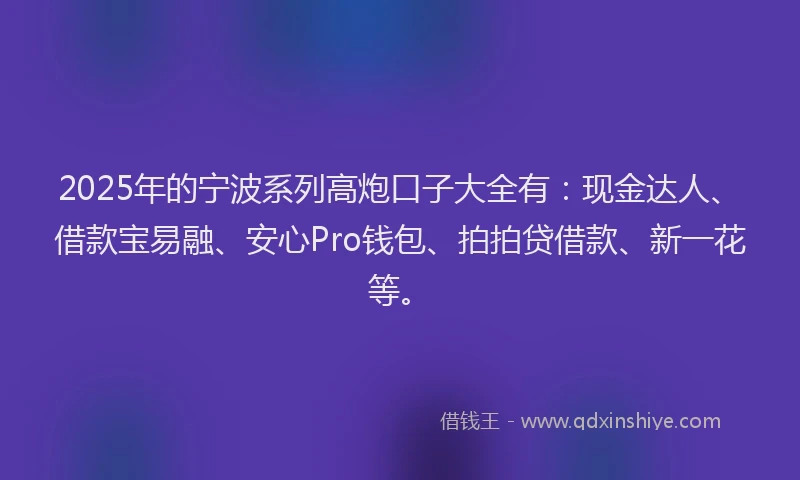 2025年的宁波系列高炮口子大全有：现金达人、借款宝易融、安心Pro钱包、拍拍贷借款、新一花等。