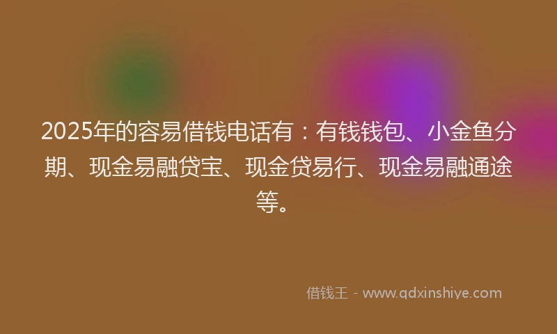 2025年的容易借钱电话有：有钱钱包、小金鱼分期、现金易融贷宝、现金贷易行、现金易融通途等。