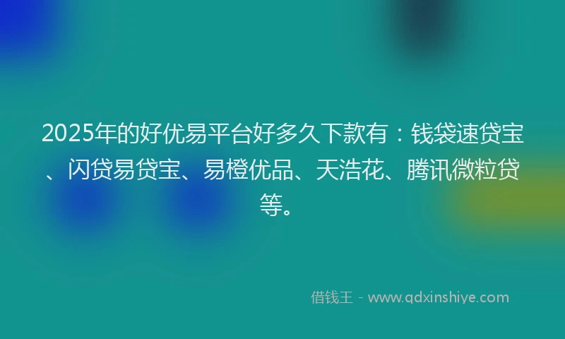 2025年的好优易平台好多久下款有：钱袋速贷宝、闪贷易贷宝、易橙优品、天浩花、腾讯微粒贷等。