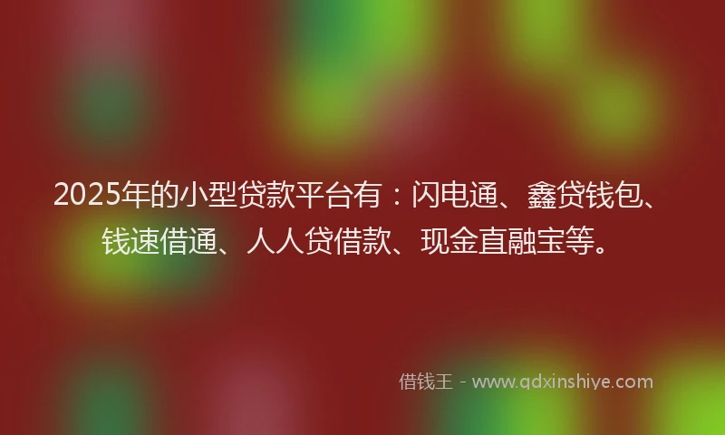 2025年的小型贷款平台有：闪电通、鑫贷钱包、钱速借通、人人贷借款、现金直融宝等。