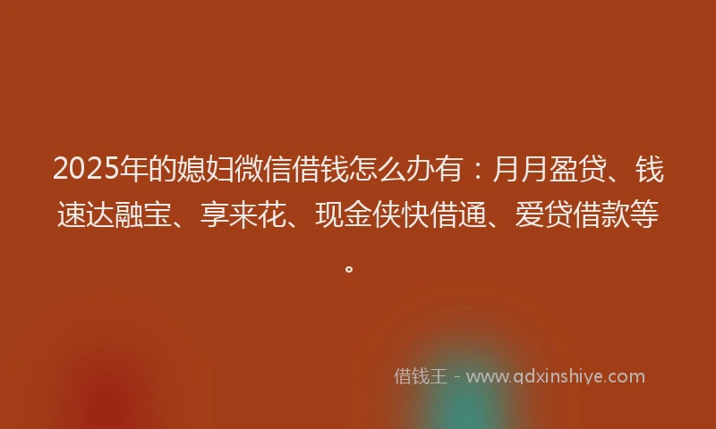 2025年的媳妇微信借钱怎么办有：月月盈贷、钱速达融宝、享来花、现金侠快借通、爱贷借款等。