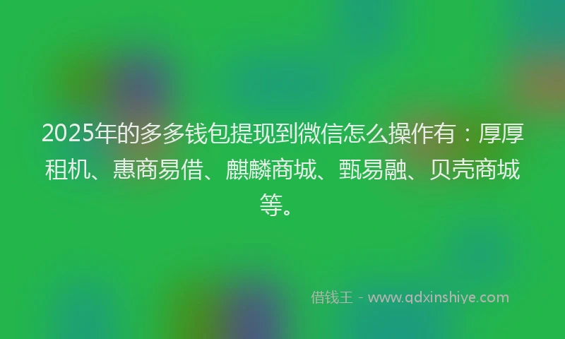 2025年的多多钱包提现到微信怎么操作有：厚厚租机、惠商易借、麒麟商城、甄易融、贝壳商城等。