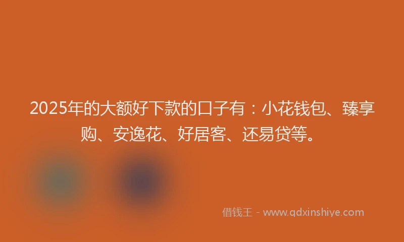 2025年的大额好下款的口子有：小花钱包、臻享购、安逸花、好居客、还易贷等。