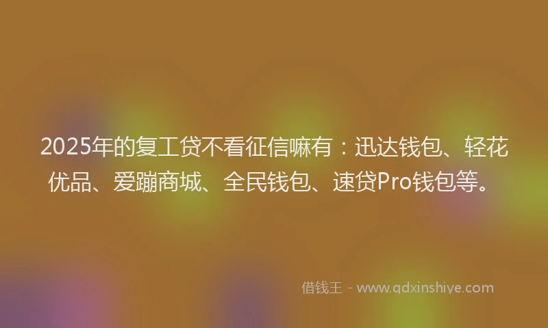2025年的复工贷不看征信嘛有：迅达钱包、轻花优品、爱蹦商城、全民钱包、速贷Pro钱包等。