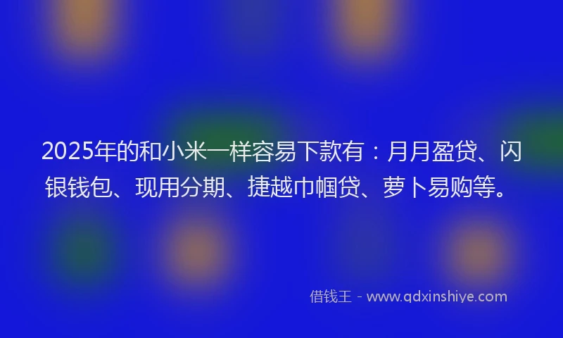 2025年的和小米一样容易下款有：月月盈贷、闪银钱包、现用分期、捷越巾帼贷、萝卜易购等。