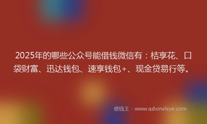 2025年的哪些公众号能借钱微信有：桔享花、口袋财富、迅达钱包、速享钱包+、现金贷易行等。
