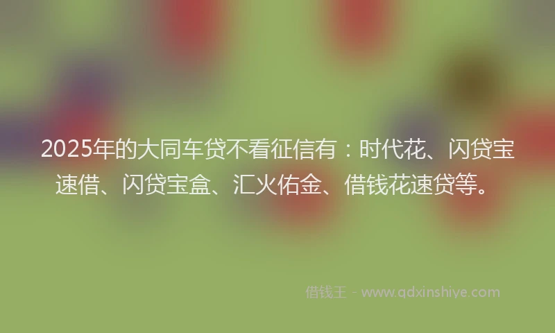 2025年的大同车贷不看征信有：时代花、闪贷宝速借、闪贷宝盒、汇火佑金、借钱花速贷等。