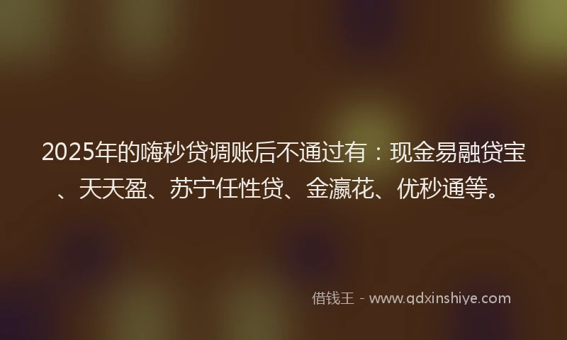 2025年的嗨秒贷调账后不通过有：现金易融贷宝、天天盈、苏宁任性贷、金瀛花、优秒通等。