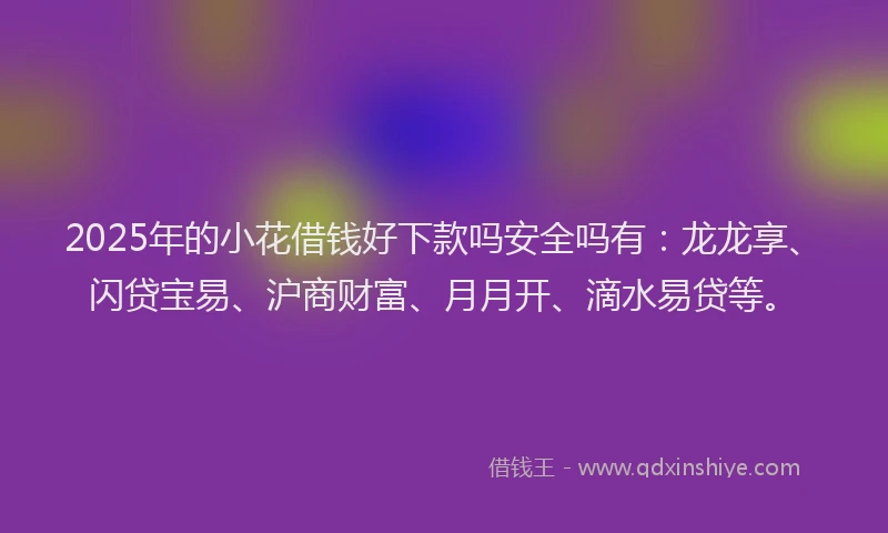 2025年的小花借钱好下款吗安全吗有：龙龙享、闪贷宝易、沪商财富、月月开、滴水易贷等。