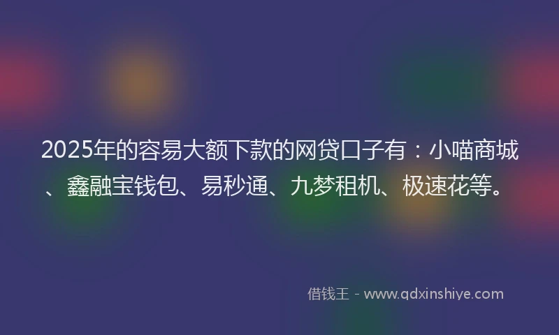2025年的容易大额下款的网贷口子有：小喵商城、鑫融宝钱包、易秒通、九梦租机、极速花等。