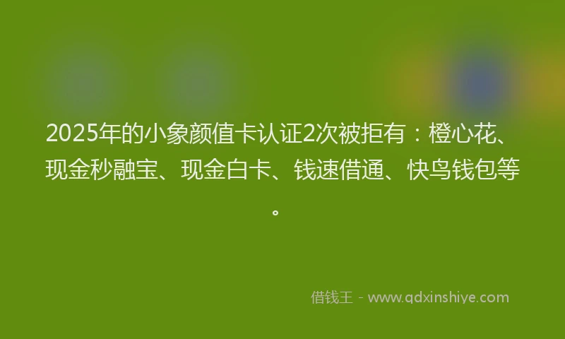 2025年的小象颜值卡认证2次被拒有：橙心花、现金秒融宝、现金白卡、钱速借通、快鸟钱包等。