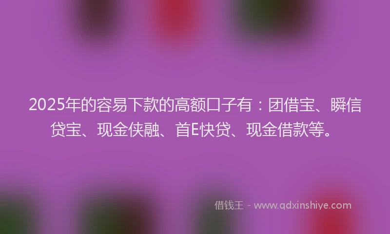 2025年的容易下款的高额口子有：团借宝、瞬信贷宝、现金侠融、首E快贷、现金借款等。