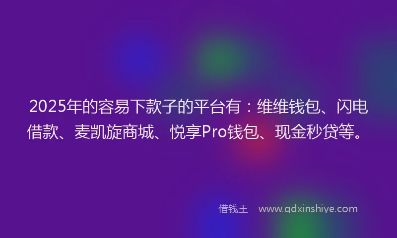 2025年的容易下款子的平台有：维维钱包、闪电借款、麦凯旋商城、悦享Pro钱包、现金秒贷等。