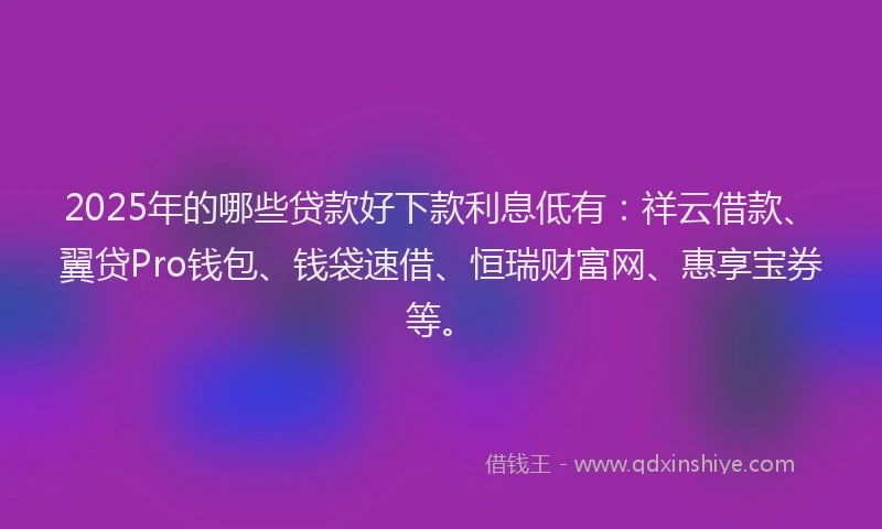 2025年的哪些贷款好下款利息低有：祥云借款、翼贷Pro钱包、钱袋速借、恒瑞财富网、惠享宝券等。