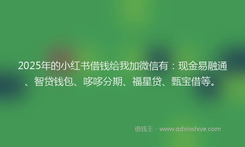 2025年的小红书借钱给我加微信有：现金易融通、智贷钱包、哆哆分期、福星贷、甄宝借等。