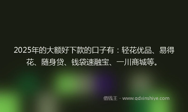 2025年的大额好下款的口子有：轻花优品、易得花、随身贷、钱袋速融宝、一川商城等。
