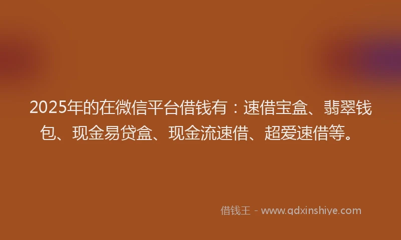 2025年的在微信平台借钱有：速借宝盒、翡翠钱包、现金易贷盒、现金流速借、超爱速借等。
