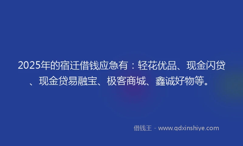 2025年的宿迁借钱应急有：轻花优品、现金闪贷、现金贷易融宝、极客商城、鑫诚好物等。