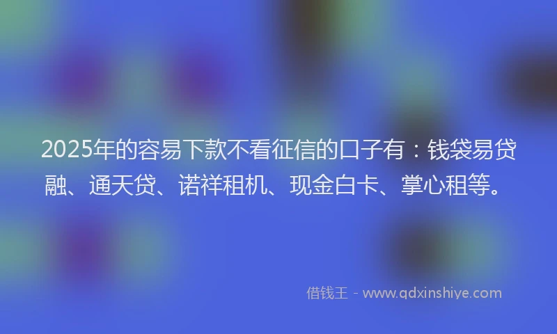 2025年的容易下款不看征信的口子有：钱袋易贷融、通天贷、诺祥租机、现金白卡、掌心租等。