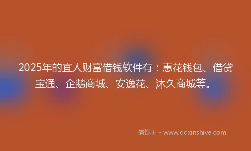 2025年的宜人财富借钱软件有：惠花钱包、借贷宝通、企鹅商城、安逸花、沐久商城等。