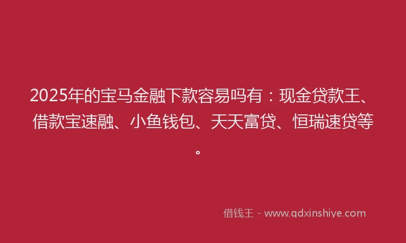 2025年的宝马金融下款容易吗有：现金贷款王、借款宝速融、小鱼钱包、天天富贷、恒瑞速贷等。