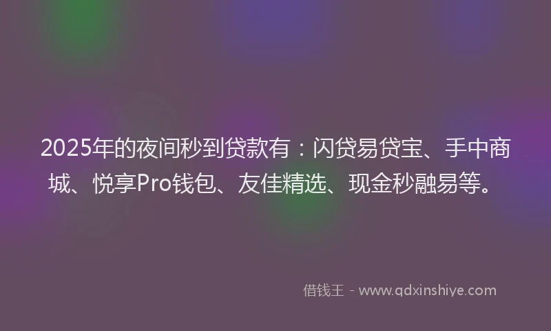 2025年的夜间秒到贷款有：闪贷易贷宝、手中商城、悦享Pro钱包、友佳精选、现金秒融易等。