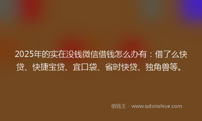 2025年的实在没钱微信借钱怎么办有：借了么快贷、快捷宝贷、宜口袋、省时快贷、独角兽等。