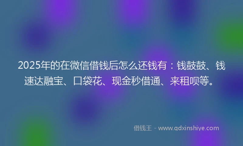 2025年的在微信借钱后怎么还钱有：钱鼓鼓、钱速达融宝、口袋花、现金秒借通、来租呗等。