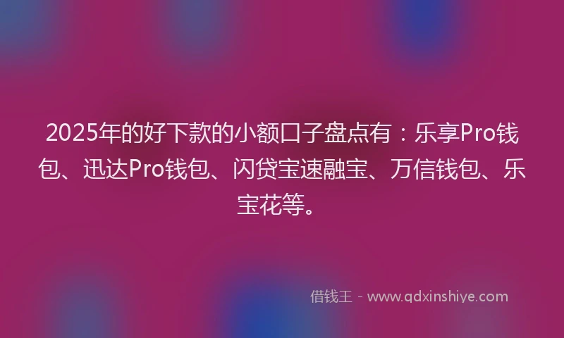 2025年的好下款的小额口子盘点有：乐享Pro钱包、迅达Pro钱包、闪贷宝速融宝、万信钱包、乐宝花等。