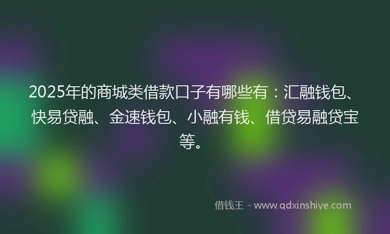 2025年的商城类借款口子有哪些有：汇融钱包、快易贷融、金速钱包、小融有钱、借贷易融贷宝等。