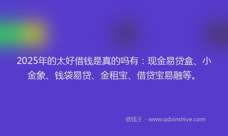 2025年的太好借钱是真的吗有：现金易贷盒、小金象、钱袋易贷、金租宝、借贷宝易融等。
