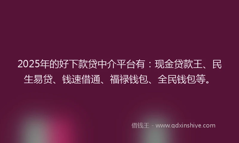 2025年的好下款贷中介平台有：现金贷款王、民生易贷、钱速借通、福禄钱包、全民钱包等。