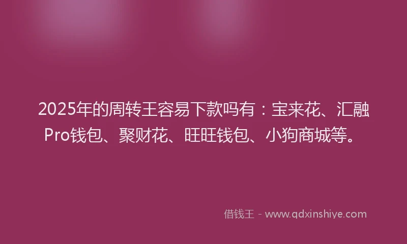 2025年的周转王容易下款吗有：宝来花、汇融Pro钱包、聚财花、旺旺钱包、小狗商城等。