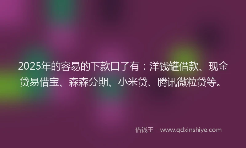 2025年的容易的下款口子有：洋钱罐借款、现金贷易借宝、森森分期、小米贷、腾讯微粒贷等。