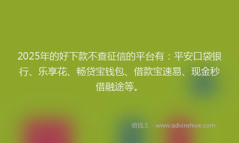 2025年的好下款不查征信的平台有：平安口袋银行、乐享花、畅贷宝钱包、借款宝速易、现金秒借融途等。