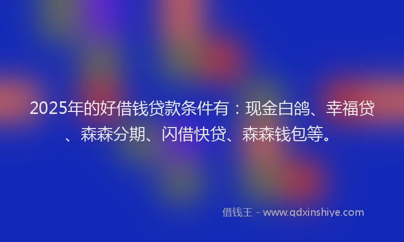 2025年的好借钱贷款条件有：现金白鸽、幸福贷、森森分期、闪借快贷、森森钱包等。