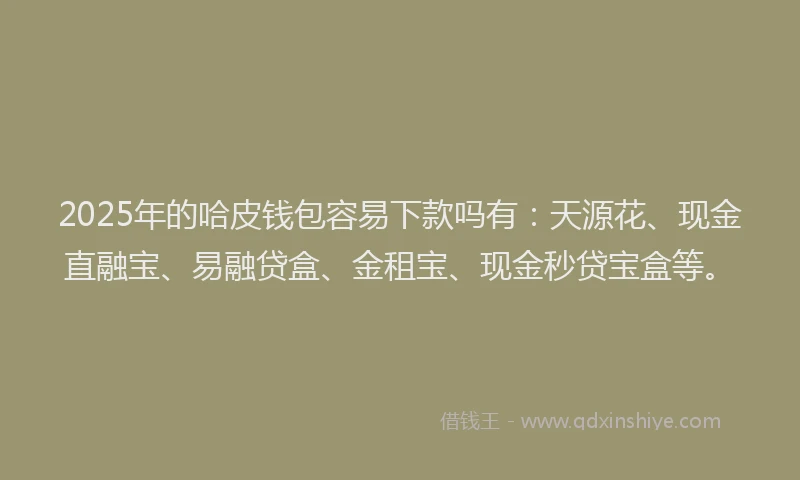2025年的哈皮钱包容易下款吗有：天源花、现金直融宝、易融贷盒、金租宝、现金秒贷宝盒等。