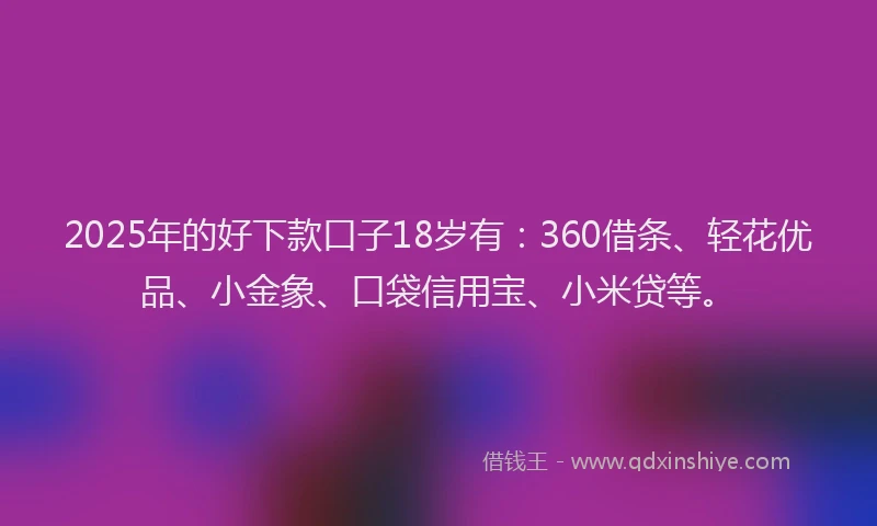 2025年的好下款口子18岁有：360借条、轻花优品、小金象、口袋信用宝、小米贷等。