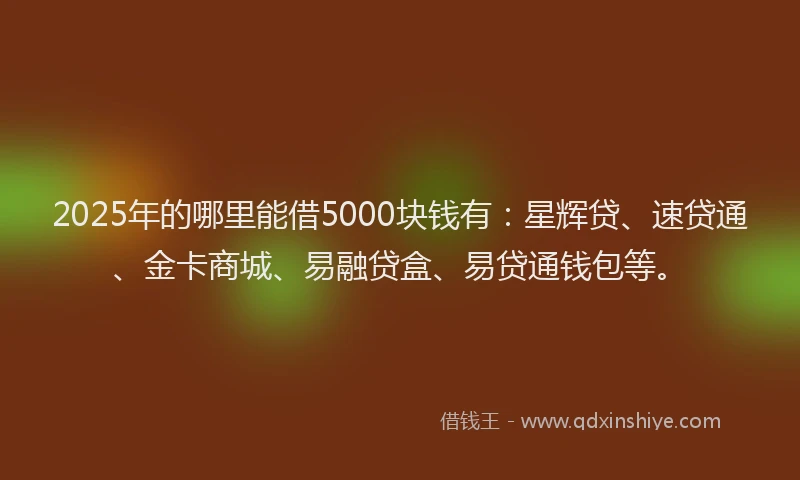 2025年的哪里能借5000块钱有：星辉贷、速贷通、金卡商城、易融贷盒、易贷通钱包等。