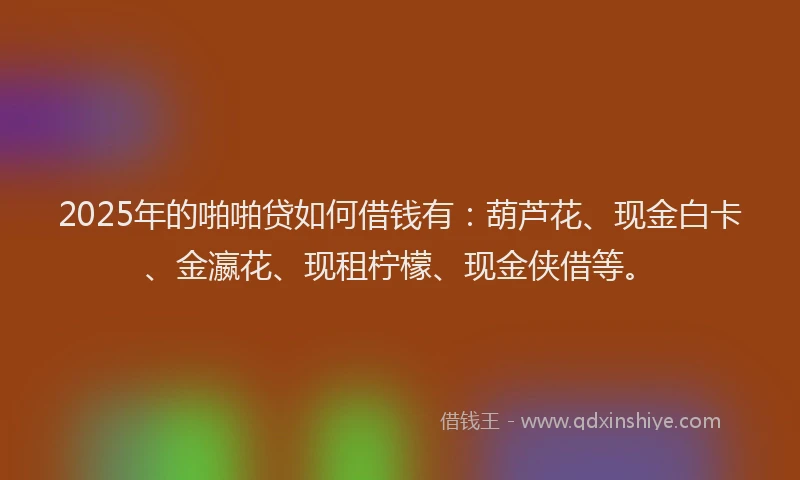 2025年的啪啪贷如何借钱有：葫芦花、现金白卡、金瀛花、现租柠檬、现金侠借等。