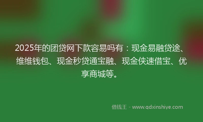 2025年的团贷网下款容易吗有：现金易融贷途、维维钱包、现金秒贷通宝融、现金侠速借宝、优享商城等。