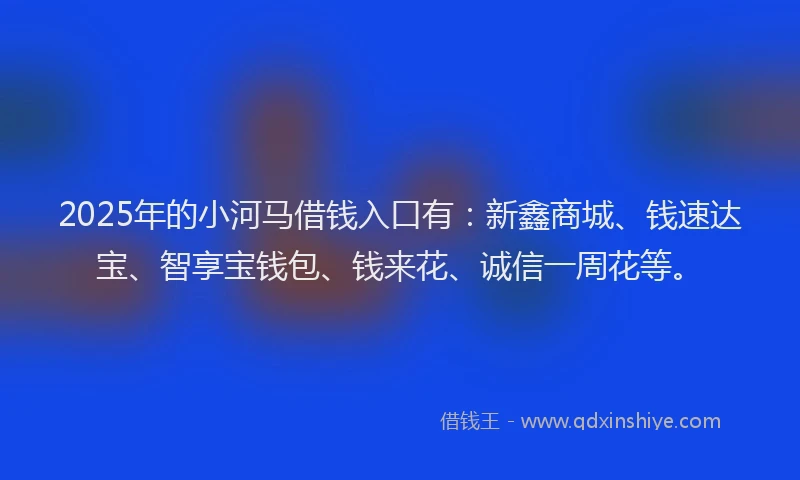2025年的小河马借钱入口有：新鑫商城、钱速达宝、智享宝钱包、钱来花、诚信一周花等。