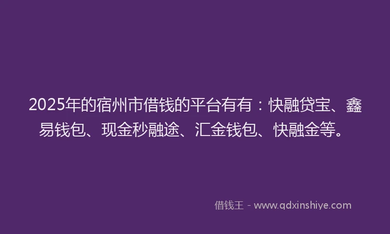 2025年的宿州市借钱的平台有有：快融贷宝、鑫易钱包、现金秒融途、汇金钱包、快融金等。